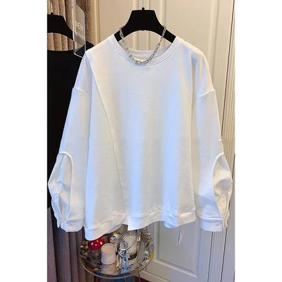 Women Spring and Autumn Design Thin Splicing Sweatshirt Vintage Solid Color Round Neck Top