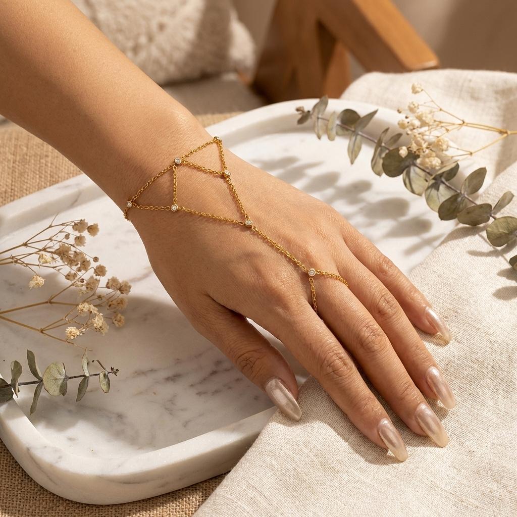 Braccialetti ad Anello per Dita Collegati con Strass Multistrato in Acciaio Inossidabile per Donna Braccialetto con Catena Sottile Fatta a Mano Gioielli da Festa