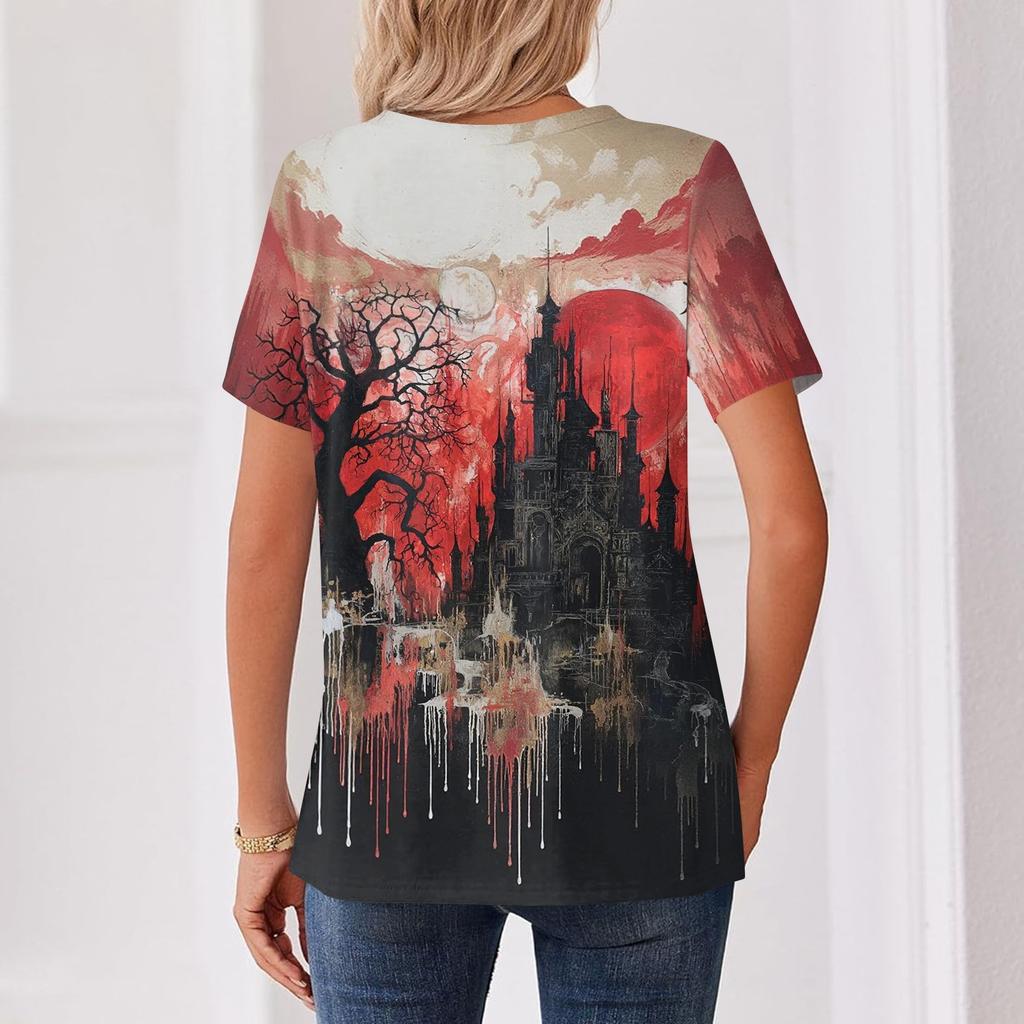 Women's Fashion Casual Halloween Print V Neck Short Sleeve Button T Shirt Top Suitable for Everyday Wear and Seasonal Events