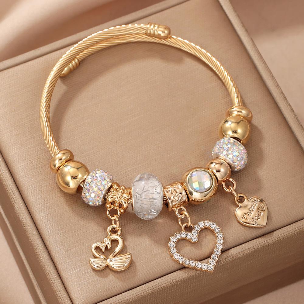 Stainless Steel European-American Heart Swan Pendant Beaded Bracelet