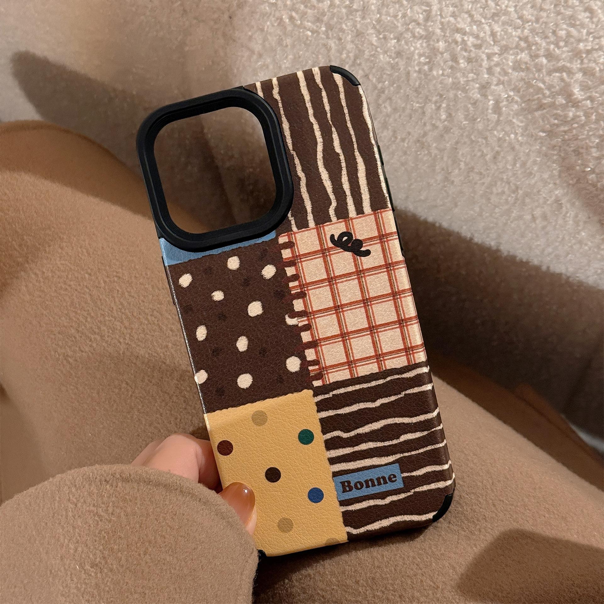 

Retro Ins Polka Dot Splicing Applicable To IPhone16 Apple Phone Case 15Pro Max Leather 14 Hanging Chain 13 Soft 12promax