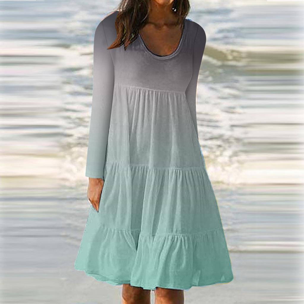 Women's Fashion Long Sleeve Round Neck Gradient  Big Swing Beach Dress