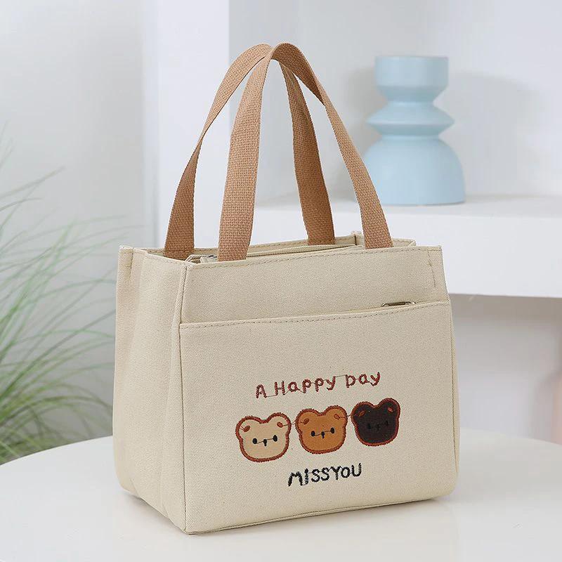 

Ladies Cute Lunch Bag Cartoon Bear Printing Insulated Canvas Multifunctional Tote Workers Insulated Food Boxes хакі