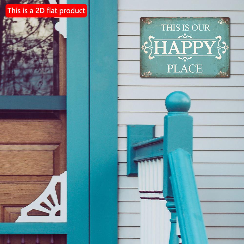 2D Flat Wooden 30*20cm Rustic Wall Sign - "This Is Our Happy Place" Plaque for Porch, Home & Farmhouse Decor, Teal Background with Stylish Lettering