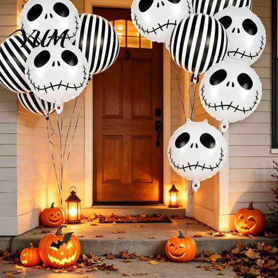 Spooky Carnival Party Favors 12PCS Halloween Skull Balloon Set, Aluminum Foil Balloons, Black And White Theme Supplies Striped Realistic Print