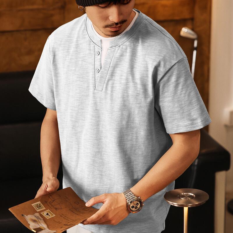 Men s Faux Two-Piece Slub Cotton Henley Polo T-Shirt 4XL