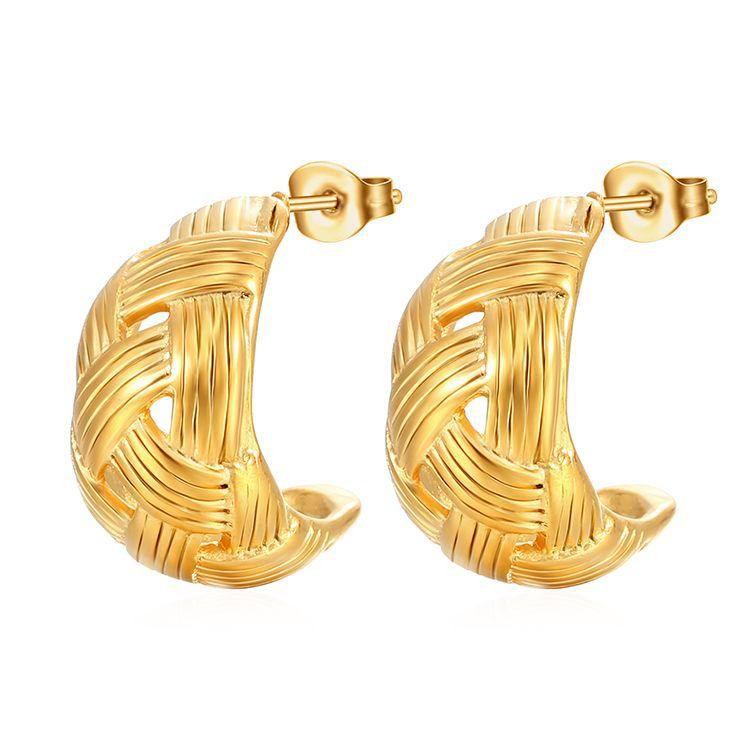 Gridded Semicircular Stainless Steel Earrings Women's Retro Style High-end Light Luxury Plated 18K Ear Jewelry