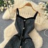 Women's Tweed Sleeveless A-Line Dress Fall 2026 Elegant and Sophisticated Black High-Waisted A-Line Spaghetti-Strap Mini Dress