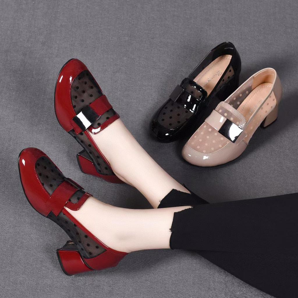 Mesh high heels women's shoes 2025 spring new round head thick heel cow patent leather women's single shoes mesh polka dot fashion shoes