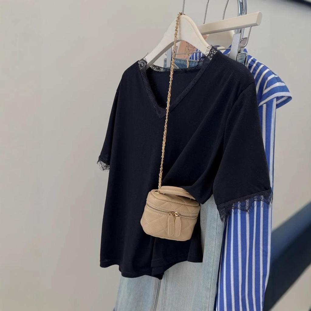 Women's Lace Trim Ballet V-Neck Short Sleeve Loose Tee - Summer Korean Style