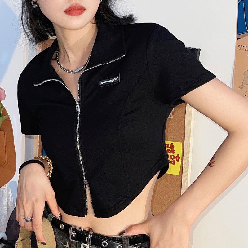 Women's Summer High Street Hot Girl Polo Crop Top - Zippered Short Sleeve Shirt