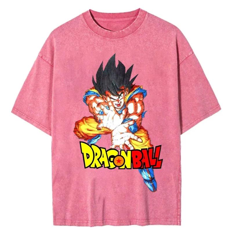 Harajuku Streetwear Men Fashion Oversized Vintage T Shirt Japanese Anime Dragon Ball Washed Tshirt Summer Cotton Pink Top Tees