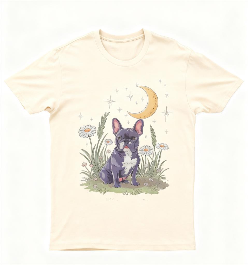 Vintage Mystisches Französische Bulldogge T-Shirt Schwarz mit Mond Stern Gänseblümchen Blumenmuster Künstlerische Freizeitkleidung für Boho Retro Stil Fans