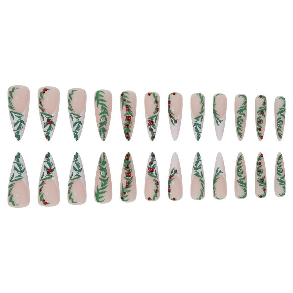 Christmas Holly Rhinestone Stiletto Nails - White Edge French Design, Long Lasting, Holiday Nail Art