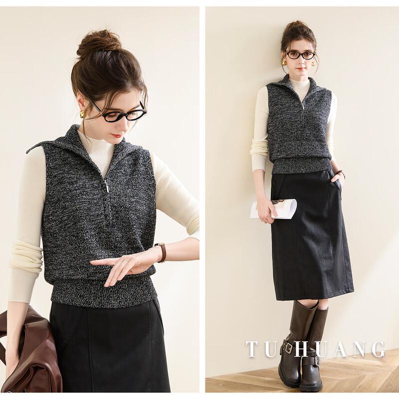 TUHUANG Women's Pure Wool Half-Zip Sweater Vest