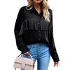Tassel Long Sleeve Blouse Turn Down Collar Drop Shoulder Button Up Tassel Trim Blouse Shirt Apricot