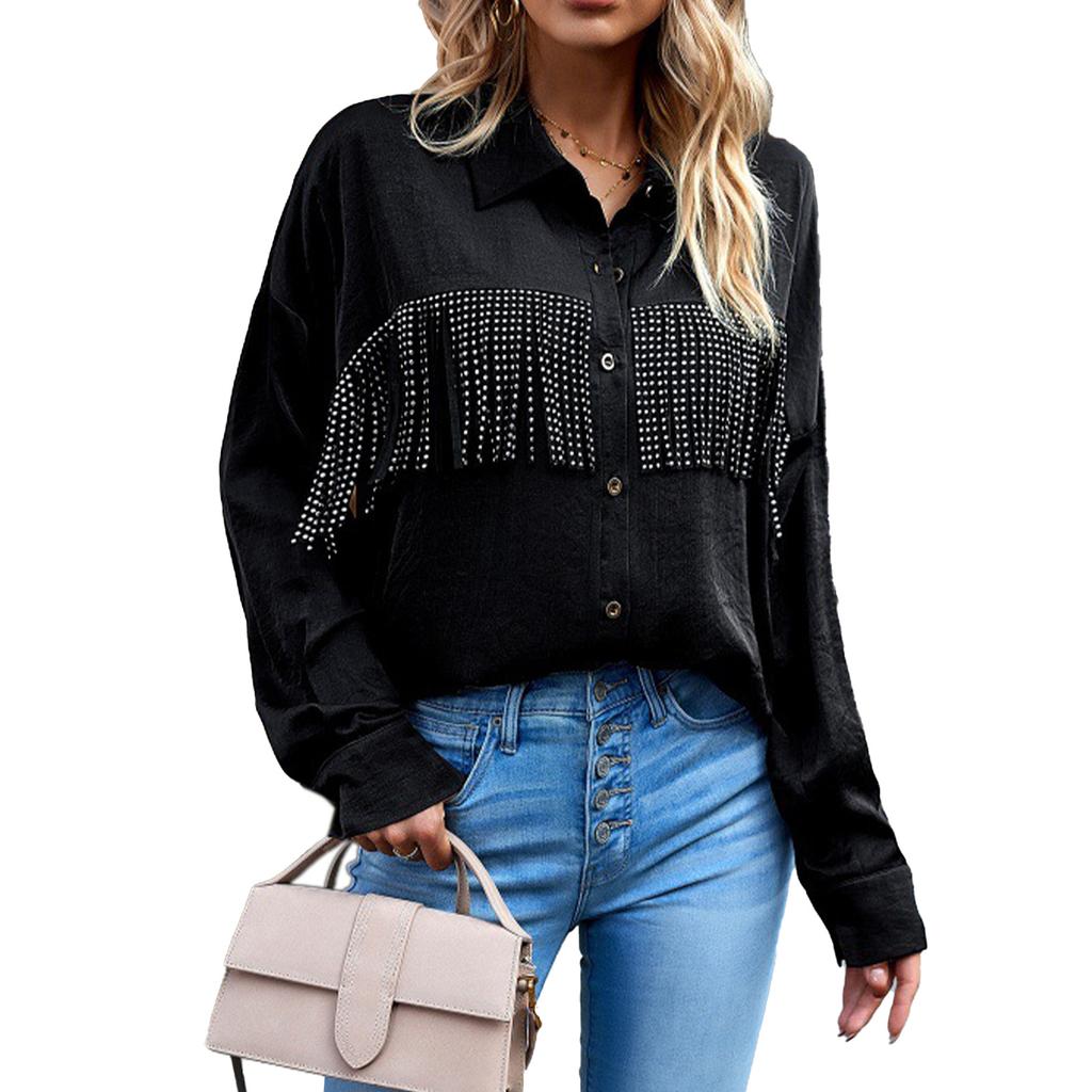 Tassel Long Sleeve Blouse Turn Down Collar Drop Shoulder Button Up Tassel Trim Blouse Shirt Apricot