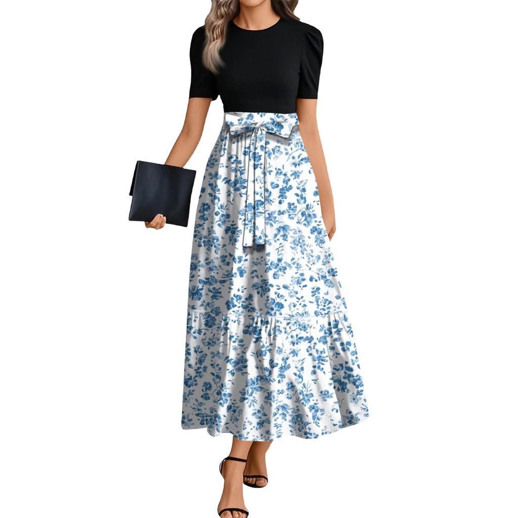 Ladies Fashion Casual Belt Short Sleeve Round Neck Floral Print Splicing Elegant Temperament Dress
