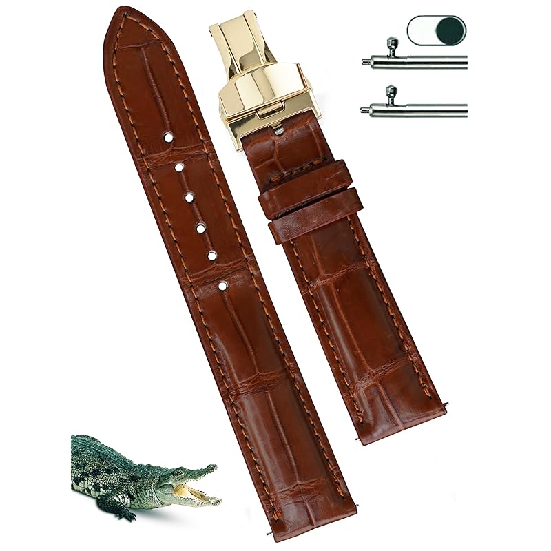 

[vinacreations] 18mm brown crocodile watch strap D buckle men s Crocodile Replacement Watch Band Quick Release Spring Bar arm wrist gold With D buckle