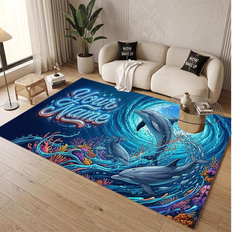 Fish Ocean Theme Soft Crystal Velvet Rug Custom Name & Text Print Non Slip Floor Rug for Bedroom Living Room