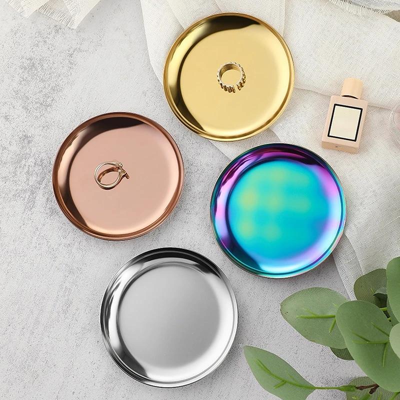 Colorful Metal Trays 10cm Round Stainless Steel Shallow Plates Vacuum Plating Jewelry Holder Desk Organizer