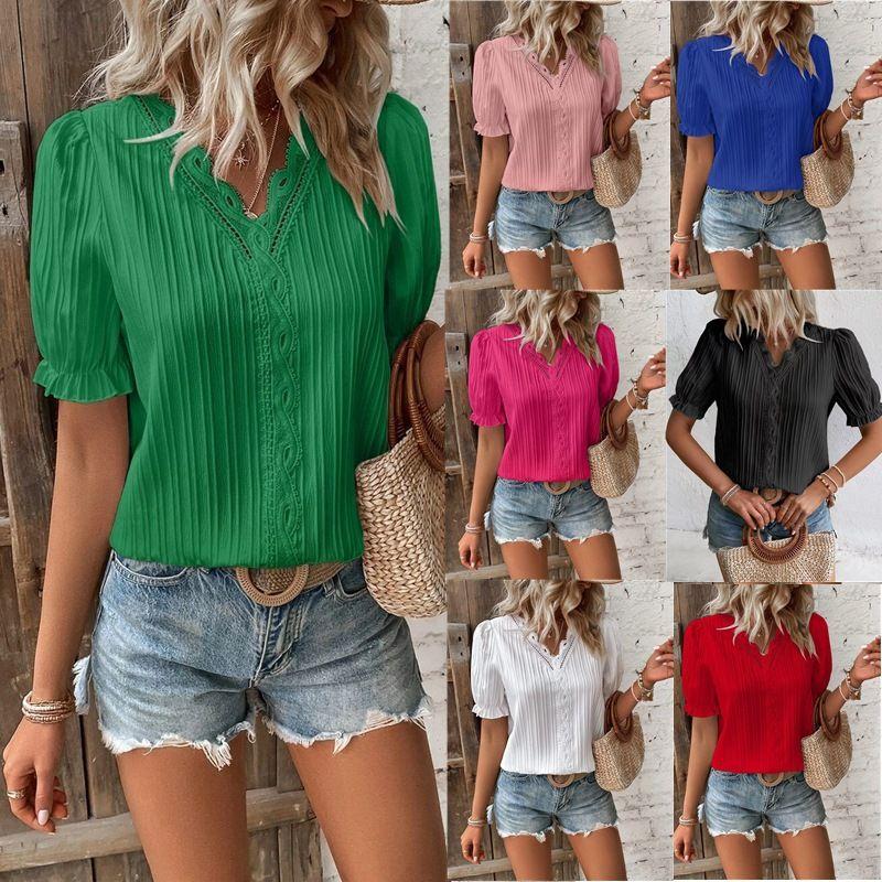Summer New Vacation Fashion Hollow out Short sleeve European and American Women clothes V-neck Shirt Women's V-neck Shirt