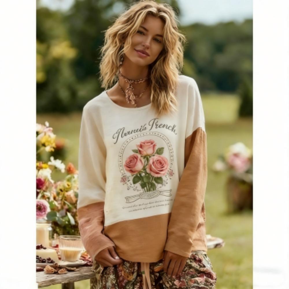 Spring Europe America Rose Flower Print Women's Tees Tops Fashion Street Women Long Sleeve Clothing Outdoor Casual T-shirt Pullover