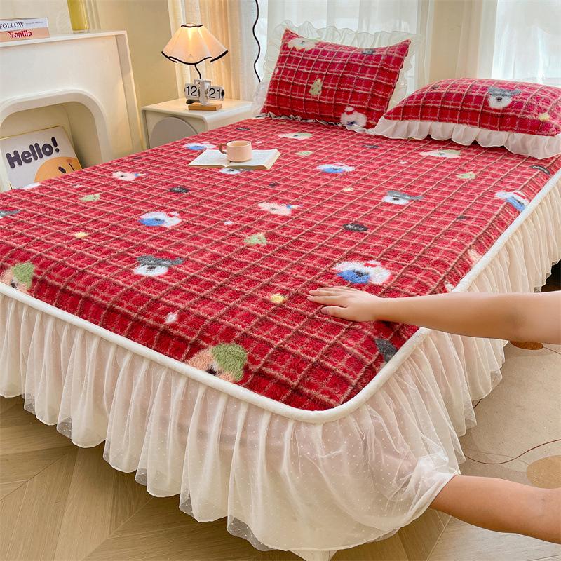 French Rabbit Fur Double-Layer Lace Fitted Sheet Bed Skirt 3-Piece Set