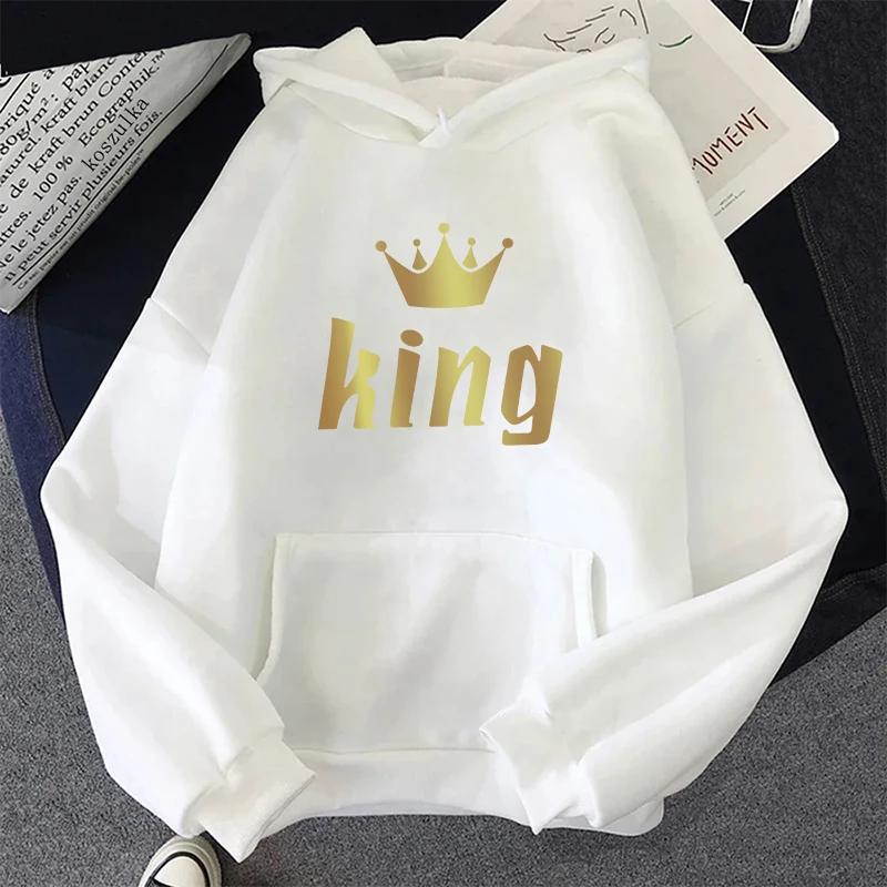 Woman Sweatshirts Classic King Queen Print Couples Hoodies All Season Daily Casual Sporty Loose Hoody Coats