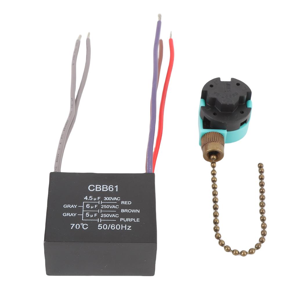 3 Speed 4 Wire Ceiling Fan Pull Chain Switch 4.5uf 6uf 5uf 5 Wire CBB61 Capacitor for Fan Light Control