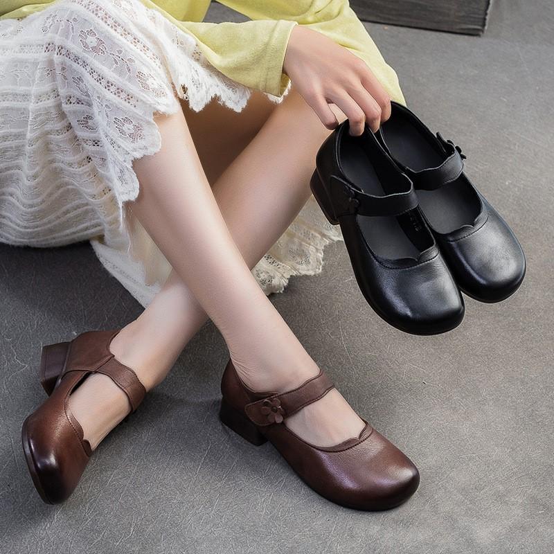 

Johnature Retro Comfortable Thick Heeled Shoes Casual Genuine Leather Pumps Commuter Versatile Women s Shoes 35 коричневый