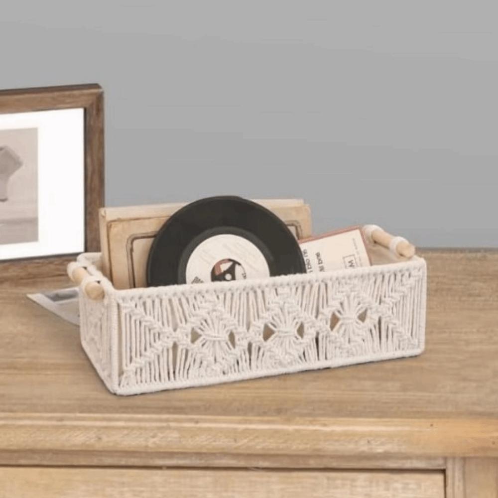 Cotton Rope Hand Woven Storage Box Decorative Grid Designed Macrame Organizer Box Boho Decor Sturdy Woven Storage Basket