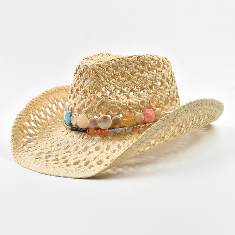 

Summer Western Cowboy Straw Hat for Women Bohemian Travel Beach Sun Hats Sombreros De Mujer One Size бежевий