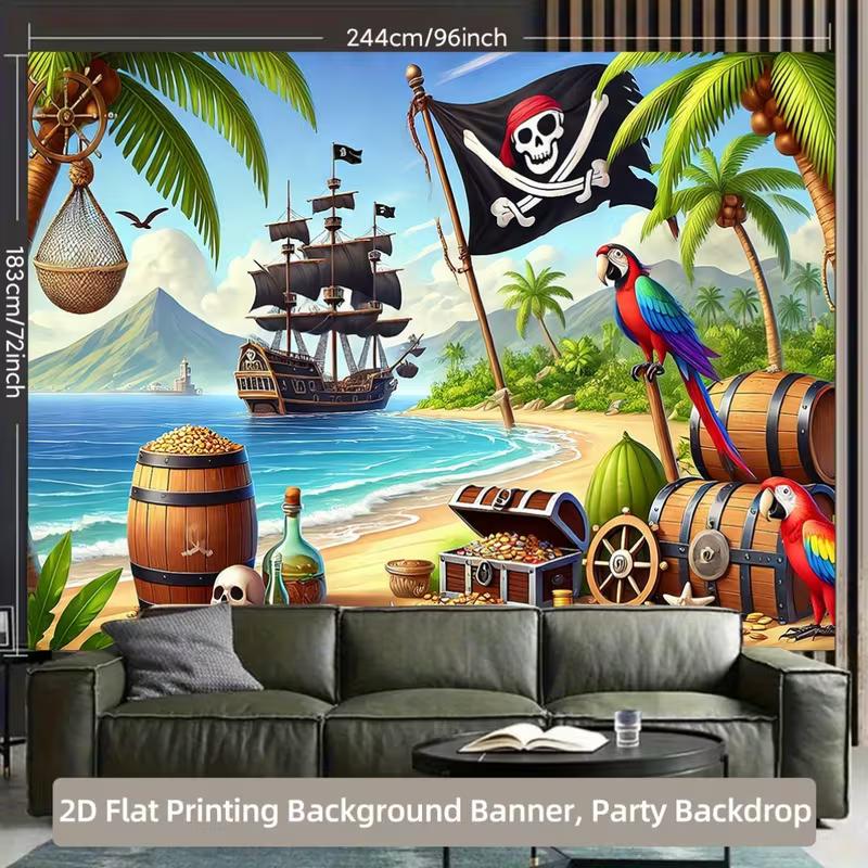 Pirate Treasure Island Tapestry | Tropical Beach Ship & Parrot Decor Background