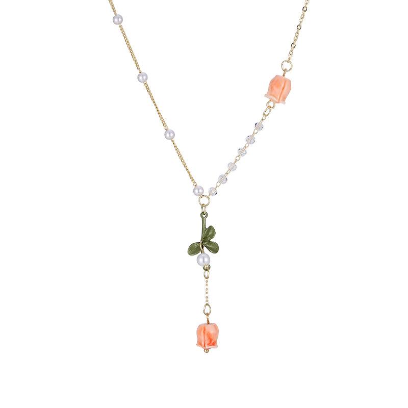 Sweet Girl Necklace Korean Edition Pearl Tulip Long Tassel Small And Elegant Style Light Luxury Design Sense Necklace Wholesale