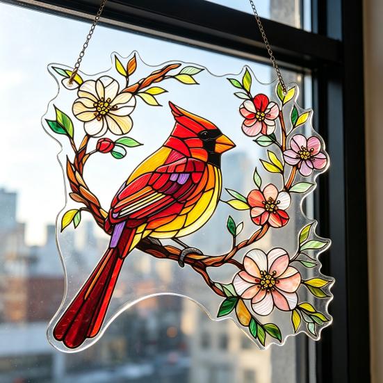 Durable Wall Hanging 1/2Pcs Acrylic Red Bird Decoration, Standing on Flower Ornament Branch Ornament, Indoor Outdoor Window