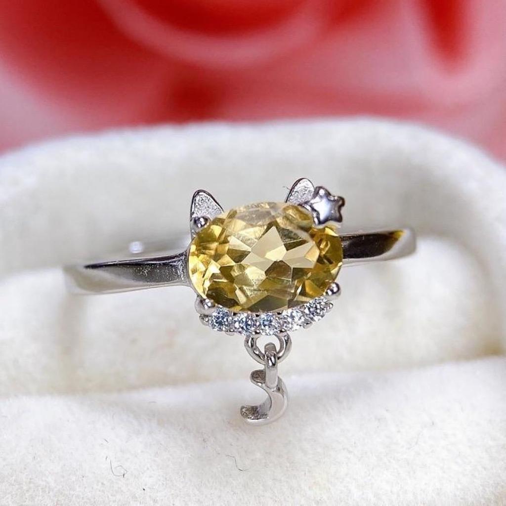 Court-Style Adjustable Citrine Ring with S925 Silver Inlay