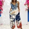 Women Spaghetti Strap Jumpsuit Cosmic Planet Star Patriotic Stripe Print Wide Leg Pants With Pockets