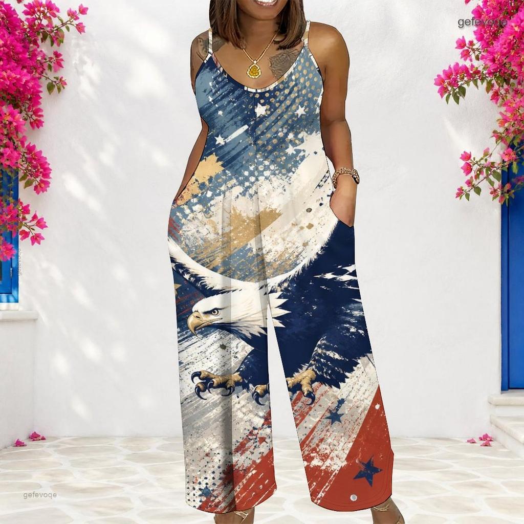 Women Spaghetti Strap Jumpsuit Cosmic Planet Star Patriotic Stripe Print Wide Leg Pants With Pockets