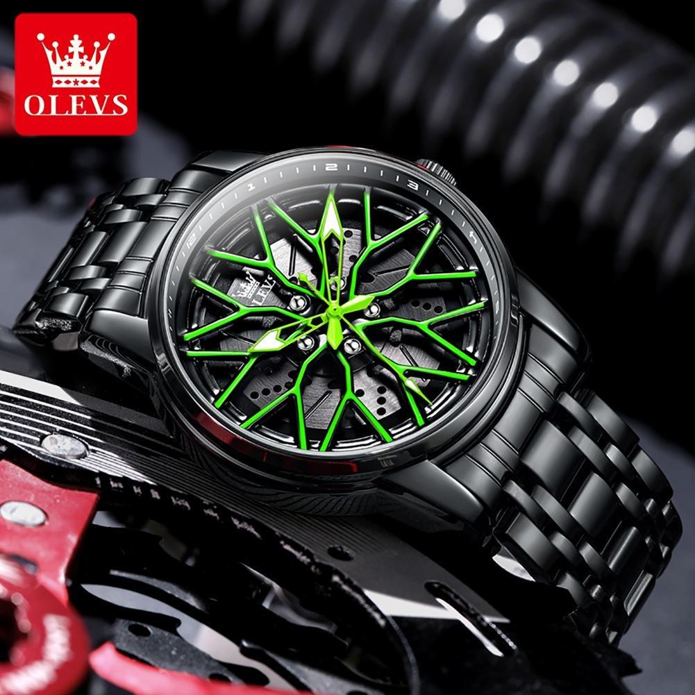OLEVS Relógio de Pulso Masculino de Quartzo com Mostrador Rotativo 360° Fashion Roda Cubo de Roda Aro Carro Esportivo Aço Inoxidável à Prova d'Água
