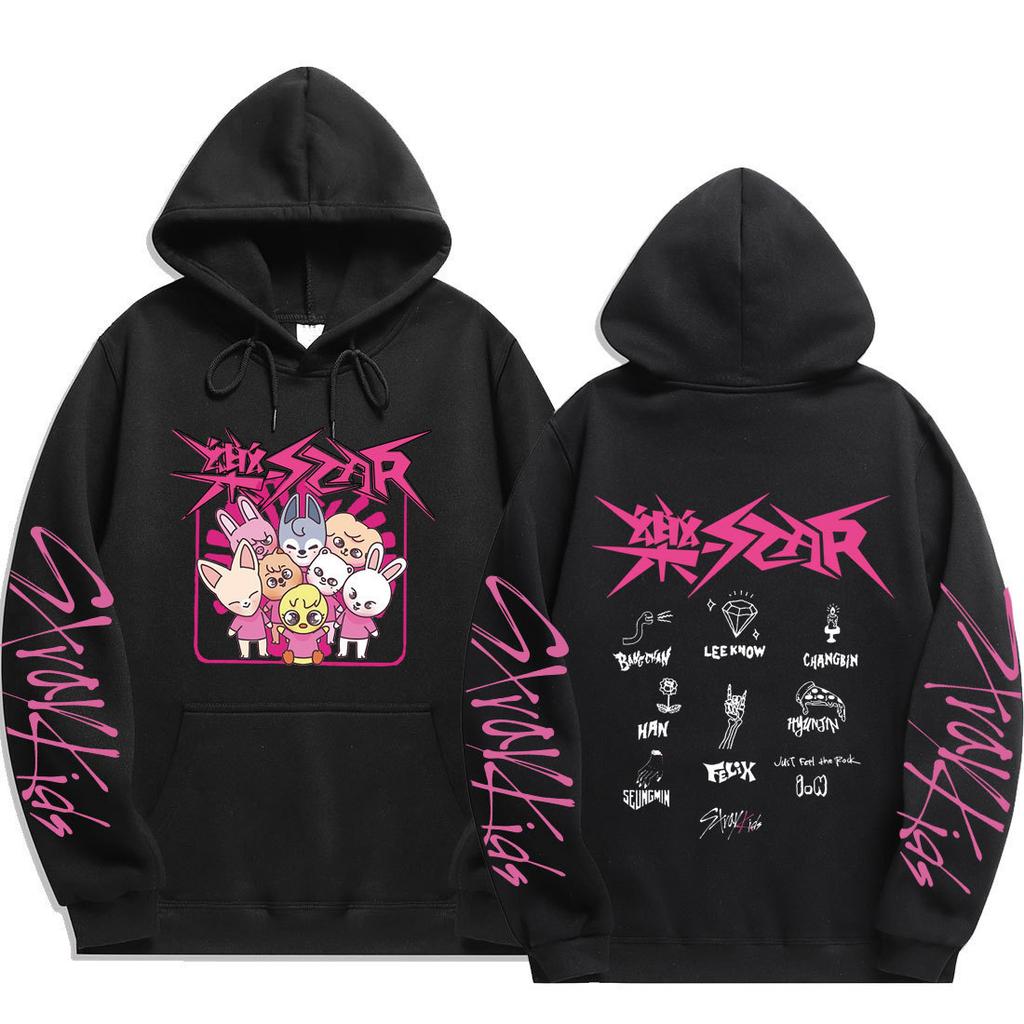 Stray Kids SKZOO Group Hoodie Rock‑Star Logo Prints & Back Members Names Doodle with Just Feel the Rock, Oversized K‑Pop Fan Pullover