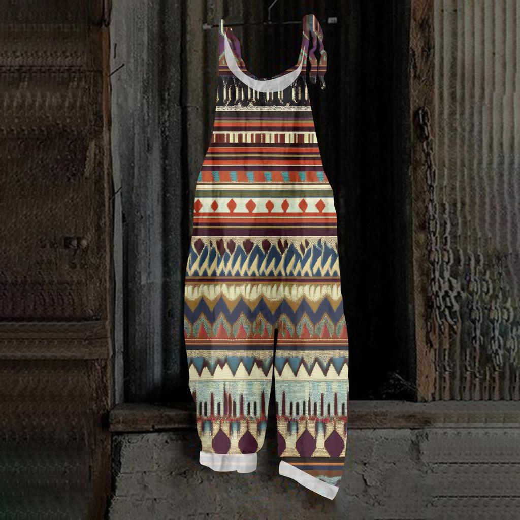 Women's One-piece Pants With Retro Prints, Casual Loose Retro Straps, And Cotton And Linen