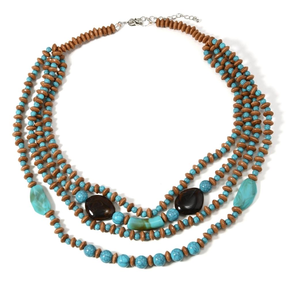 African Jewelry Bohemian Retro Ethnic Multi-layer Wooden Beads Imitation Turquoise Beaded Necklace Women's Party Accessories