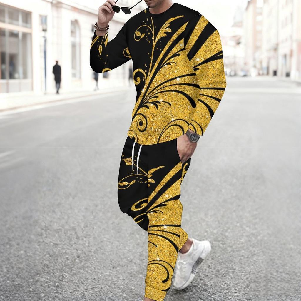 Men Black Blue Bohemian Mandala Partial Print Long Sleeve Sweatshirt Jogger Pants Two Piece Suit