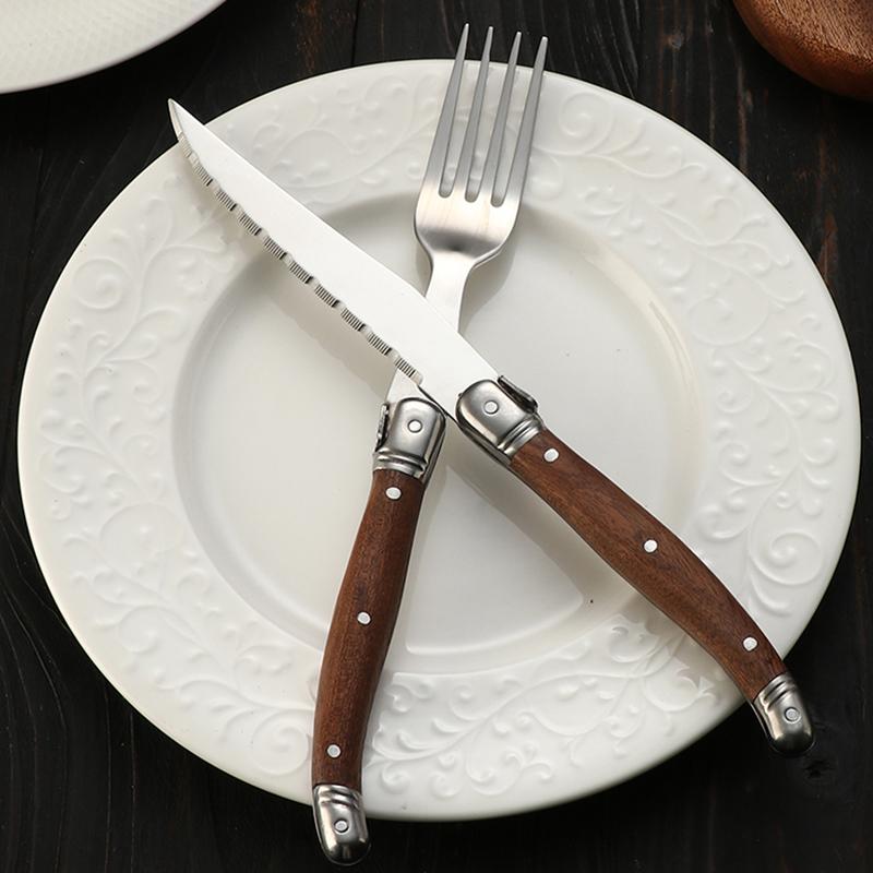 Wood Dinnerware,Stainless Steel Cutlery Set Steak Knife Fork Spoon Retro Flatware Luxury household tableware dinnerware set