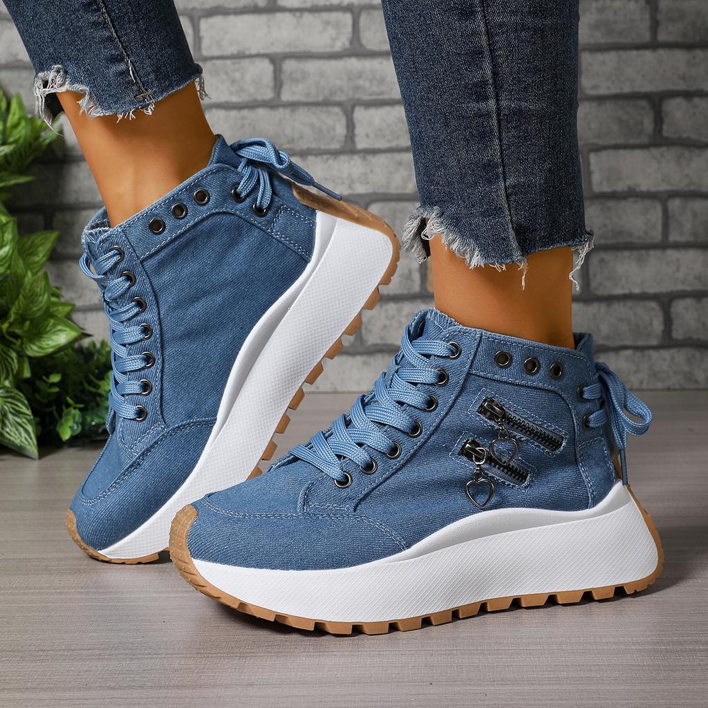 Women Plus Sizes Sneakers Lace Up Sexy Sneakers Thick Sole Girls Students Ankle Canvas Boots High Top Denim Canvas Shoes Female