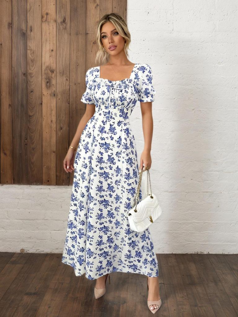 2026 Women's Summer Floral Print Puff Sleeve Square Neck Dress - French Style Holiday Tea Party Skirt