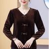 Elegant Gold Velvet Long-Sleeve T-Shirt for Middle-Aged and Elderly Women, Stylish Spring/Autumn Loose Fit with Belly Coverage