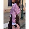 Women Vintage Striped Shirt Turn Down Collar Contrast Cuff Long Sleeve Loose V Neck Blouse Top