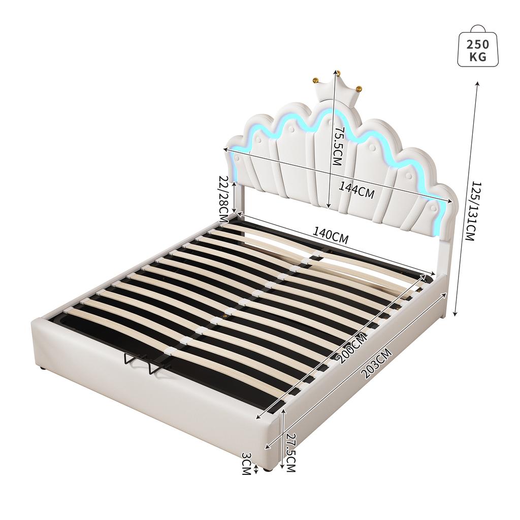 140*200cm Letto Piatto, Letto Imbottito, Letto da Principessa, Illuminazione d'Ambiente Regolabile, Striscia con Corona, Bianco